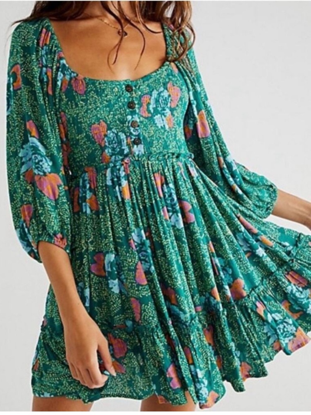 Free People Endless Summer Picnic Mini Dress Puff Sleeve Kelly Green Floral M